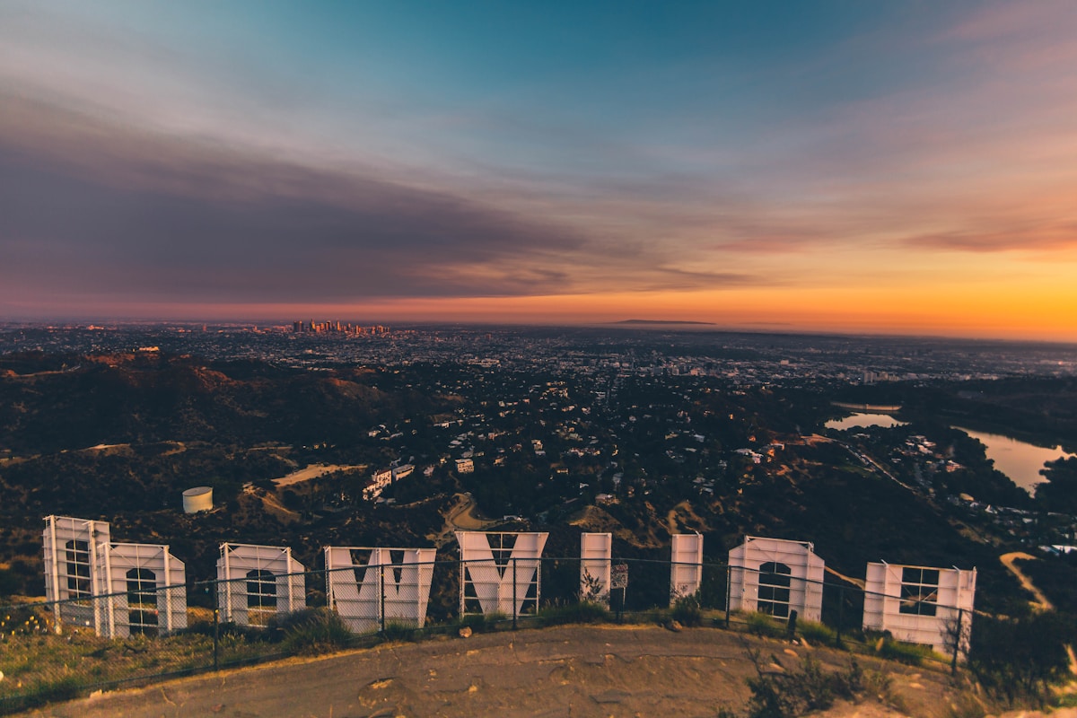 Los Angeles downtown skyline with palm trees and mountains