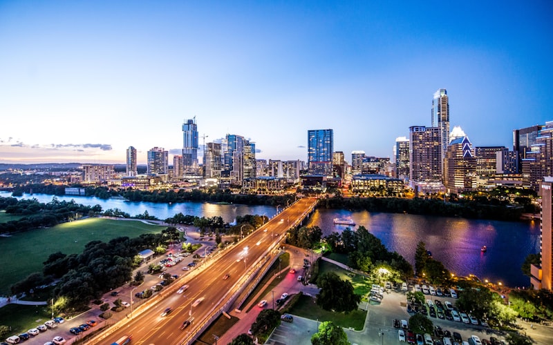 Austin skyline with Colorado River and Texas State Capitol